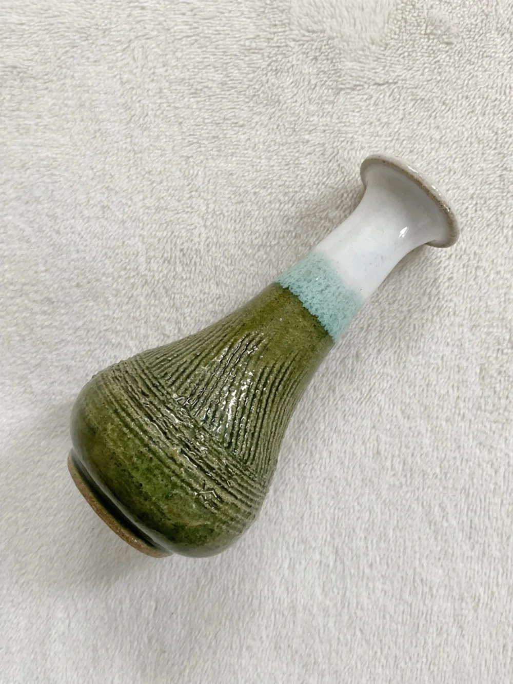 Signed Studio Pottery Bud Vase Green Drip Glaze Textured Art Pottery 4.5”